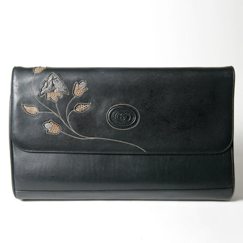 OLD Gucci　黒総革　花刺繍ショルダー