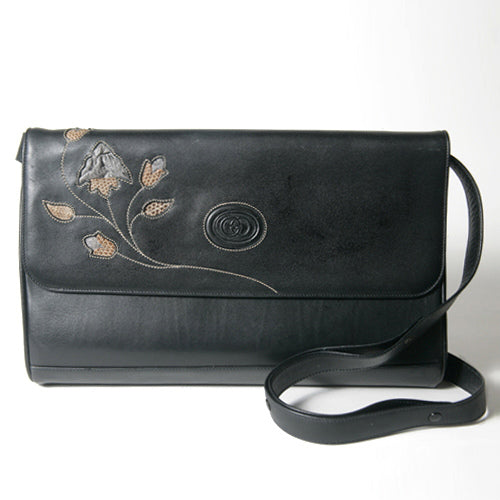OLD Gucci　黒総革　花刺繍ショルダー