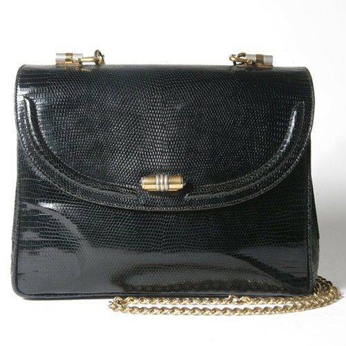 OLD Gucci リザードチェーン付きショルダー（黒）