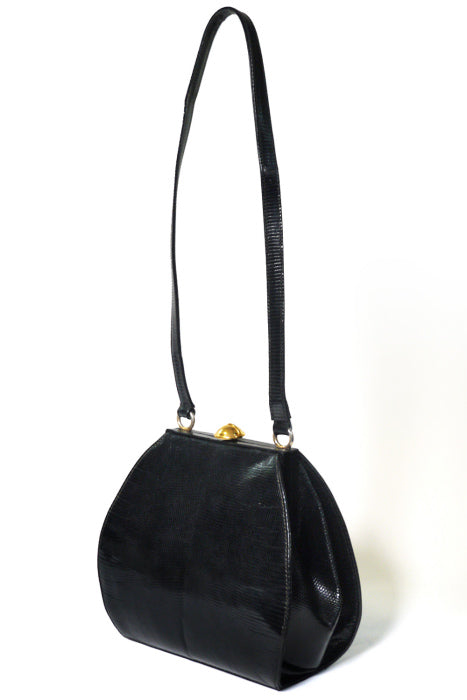 OLD Gucci　<訳アリ>リザード型押しがま口ショルダー(黒)