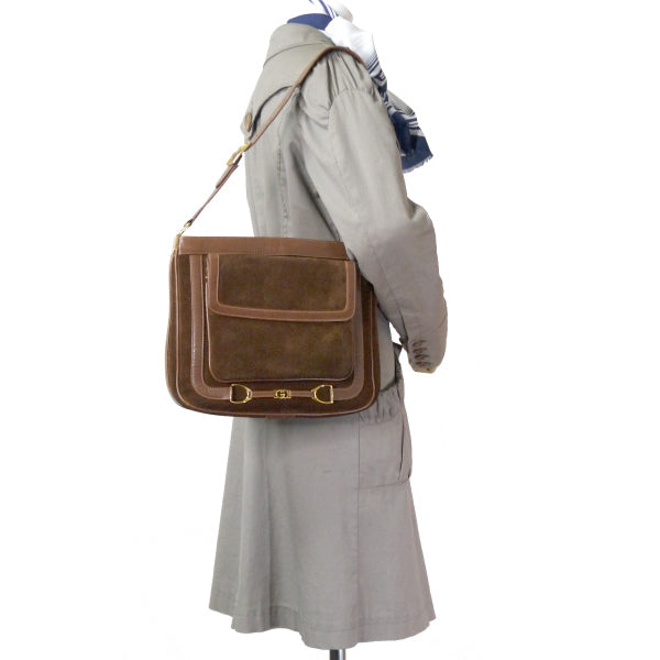 OLD Gucci　レア!!G×ビット金具フロントポケットショルダー（茶・スエード ）