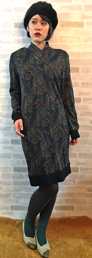 OLD Gucci ペイズリー柄ドレープタートルワンピース（緑系）