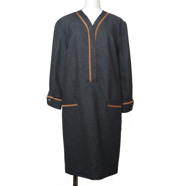 OLD Gucci レザーライン ウールワンピース（チャコールグレー）