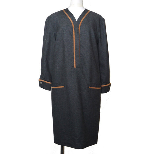 OLD Gucci レザーライン ウールワンピース（チャコールグレー）