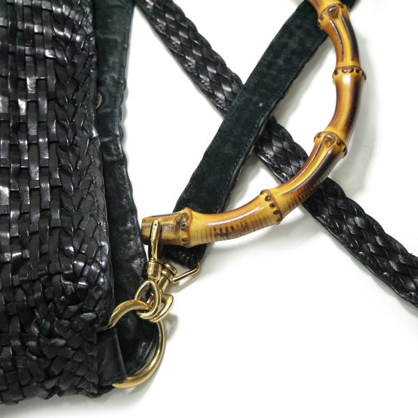 OLD Gucci ホーボー２Way編み込みレザーバンブーバッグ（黒・中）