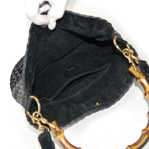 OLD Gucci ホーボー２Way編み込みレザーバンブーバッグ（黒・中）