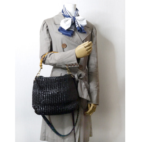 OLD Gucci ホーボー２Way編み込みレザーバンブーバッグ（黒・中）