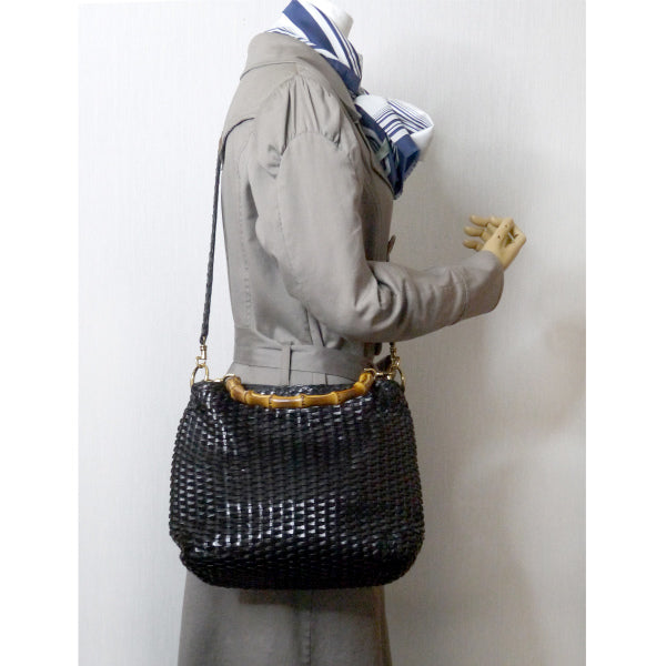 OLD Gucci ホーボー２Way編み込みレザーバンブーバッグ（黒・中）