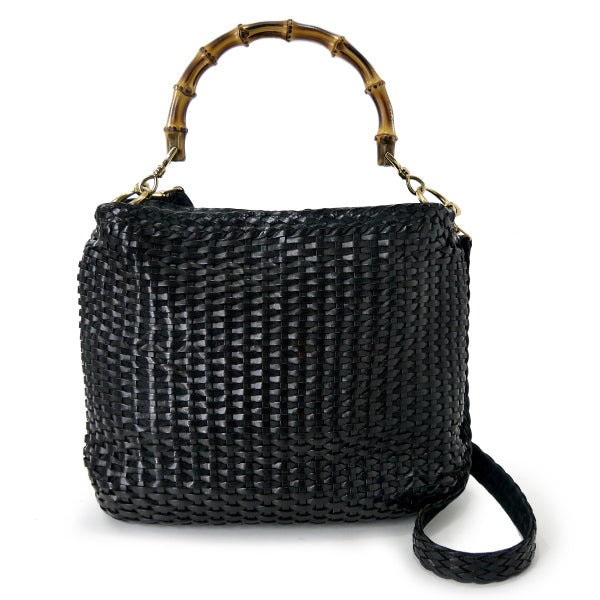 OLD Gucci ホーボー２Way編み込みレザーバンブーバッグ（黒・中）