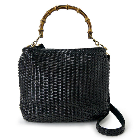 OLD Gucci ホーボー２Way編み込みレザーバンブーバッグ（黒・中）