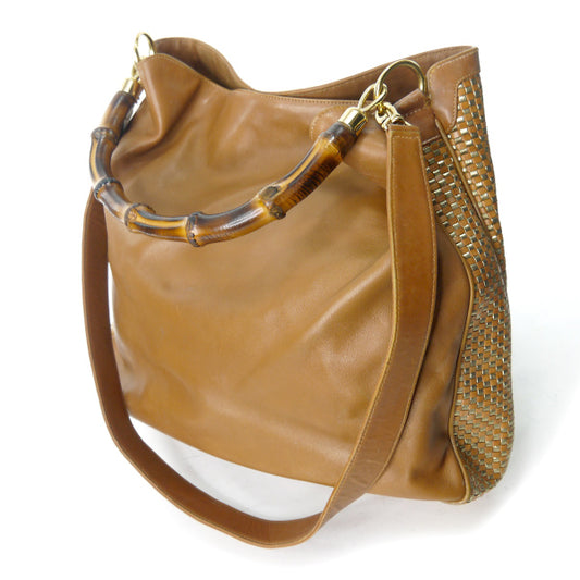 OLD Gucci リバーシブル!!編み込みレザーバンブーバッグ（茶・大）