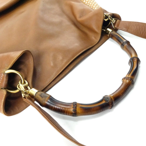 OLD Gucci リバーシブル!!編み込みレザーバンブーバッグ（茶・大）