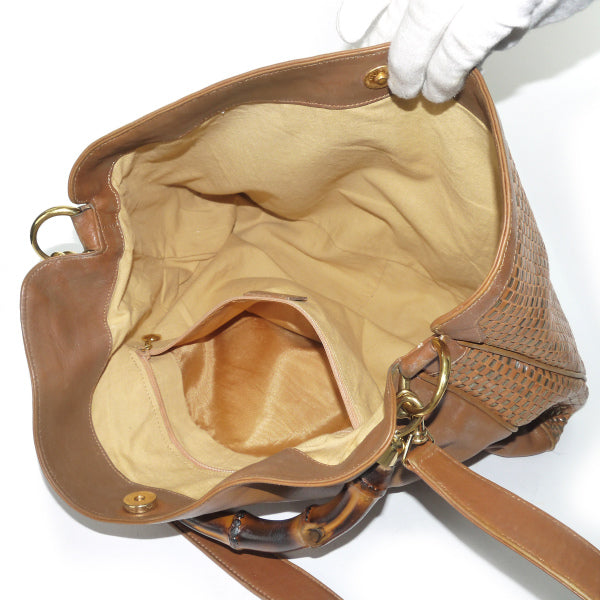 OLD Gucci リバーシブル!!編み込みレザーバンブーバッグ（茶・大）