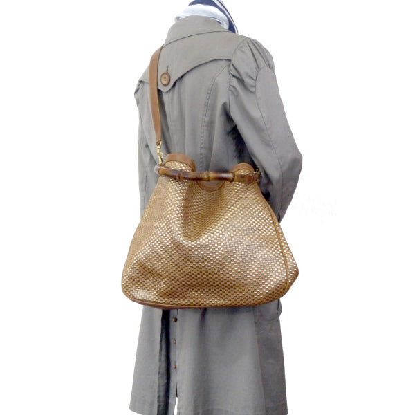 OLD Gucci リバーシブル!!編み込みレザーバンブーバッグ（茶・大）