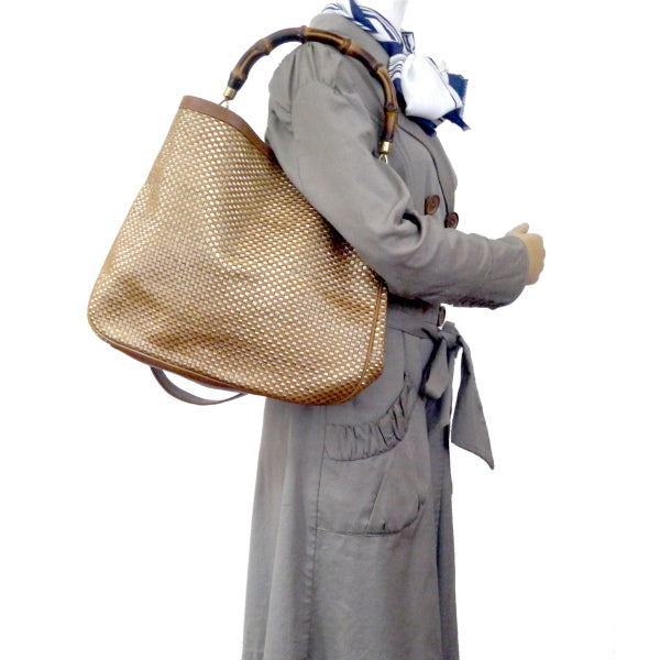 OLD Gucci リバーシブル!!編み込みレザーバンブーバッグ（茶・大）