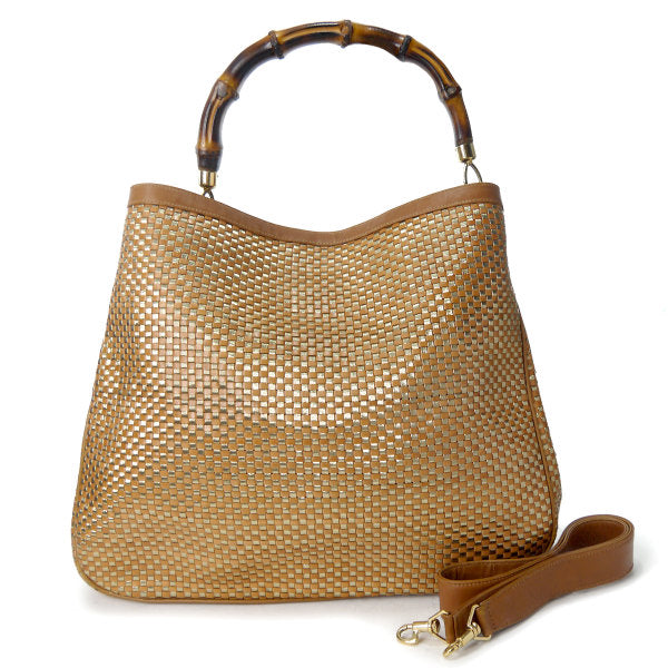 OLD Gucci リバーシブル!!編み込みレザーバンブーバッグ（茶・大）
