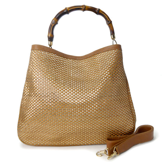 OLD Gucci リバーシブル!!編み込みレザーバンブーバッグ（茶・大）