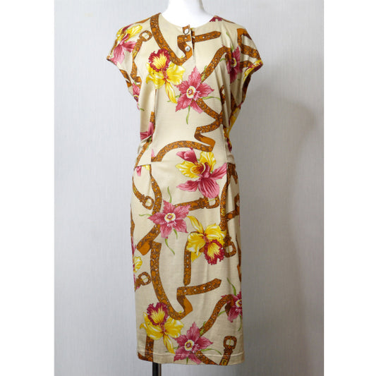 OLD Gucci フローラ柄フレンチスリーブワンピース（クリーム）