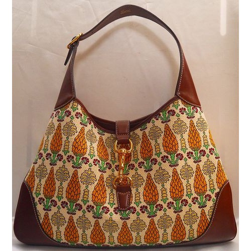 Gucci ジャッキー金具ヘンプ柄トートバッグ（茶）