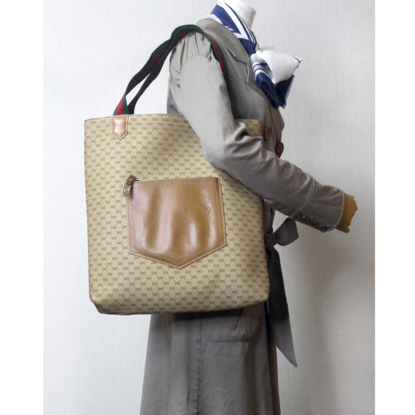 OLD Gucci マイクロGG革ポケット トートバッグ（ベージュ/ジャガード）