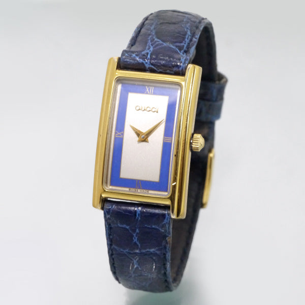OLD Gucci　長方形フェイス クロコバンド腕時計（青）