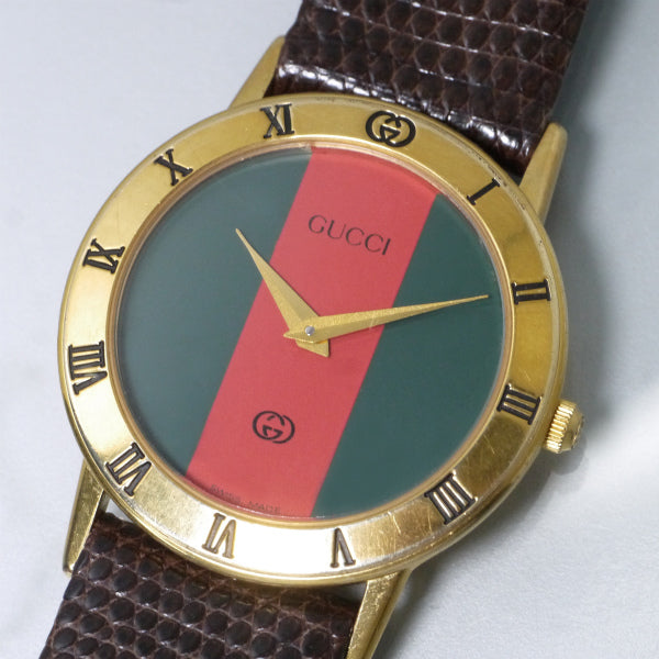 OLD Gucci ギリシャ数字 シェリービッグ腕時計（リザード・濃茶）