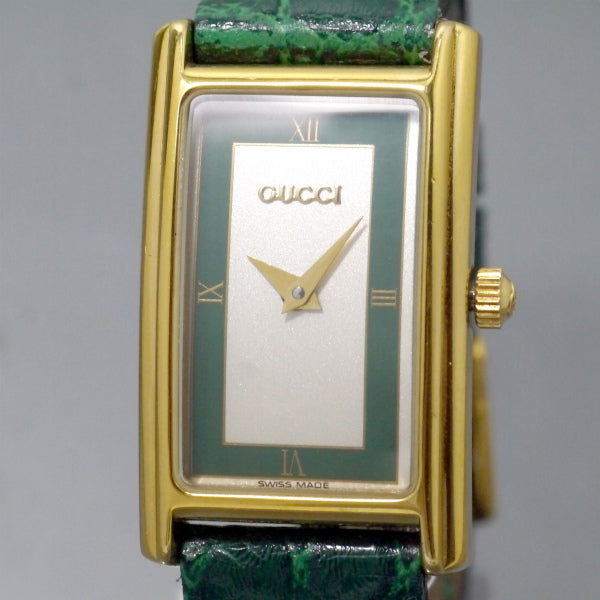 OLD Gucci　長方形フェイス クロコバンド腕時計（緑）