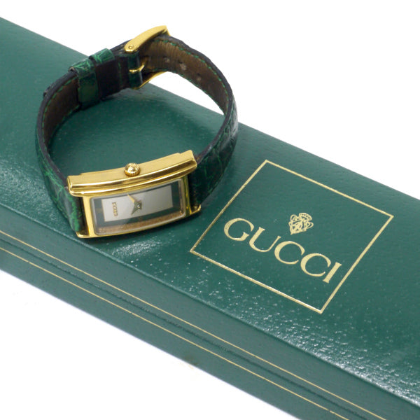 OLD Gucci　長方形フェイス クロコバンド腕時計（緑）