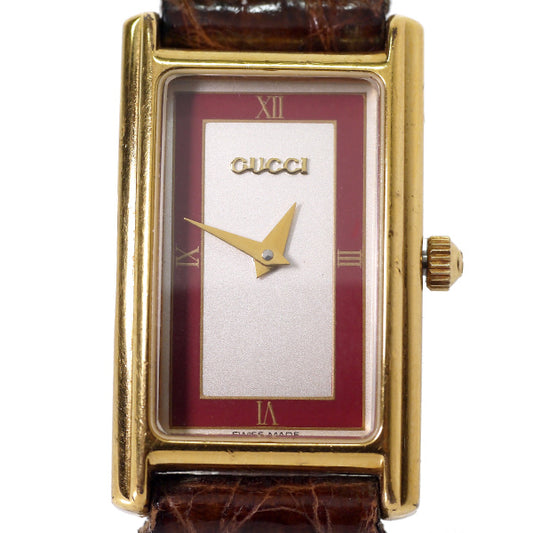 OLD Gucci クロコ型押しバンド腕時計（長方形・ボルドー)