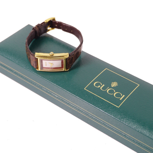 OLD Gucci クロコ型押しバンド腕時計（長方形・ボルドー)