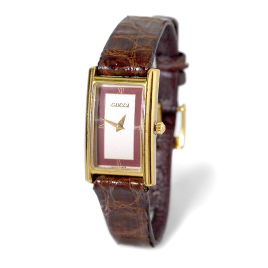 OLD Gucci クロコ型押しバンド腕時計（長方形・ボルドー)