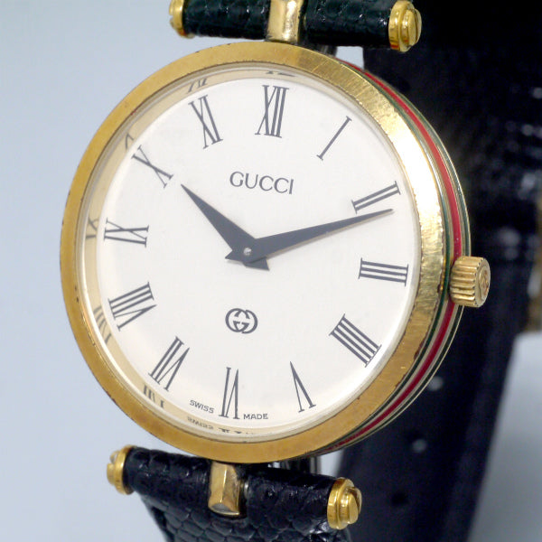 OLD Gucci　サイドシェリービッグフェイス腕時計（リザード/黒）