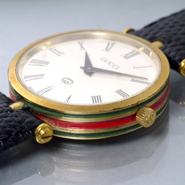 OLD Gucci　サイドシェリービッグフェイス腕時計（リザード/黒）