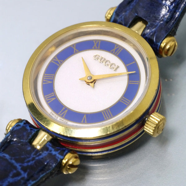OLD Gucci サイドシェリーミニ腕時計（クロコ/青）