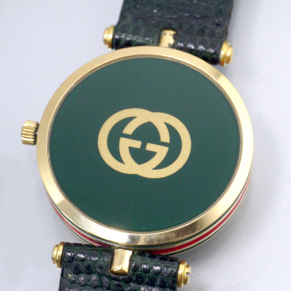 OLD Gucci　サイドシェリービッグ腕時計（リザード/緑）