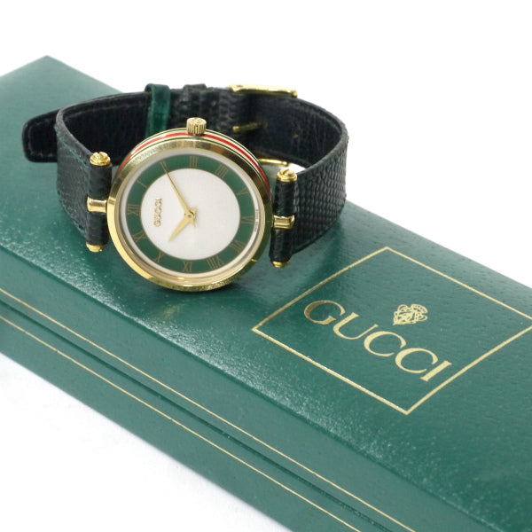 OLD Gucci　サイドシェリービッグ腕時計（リザード/緑）
