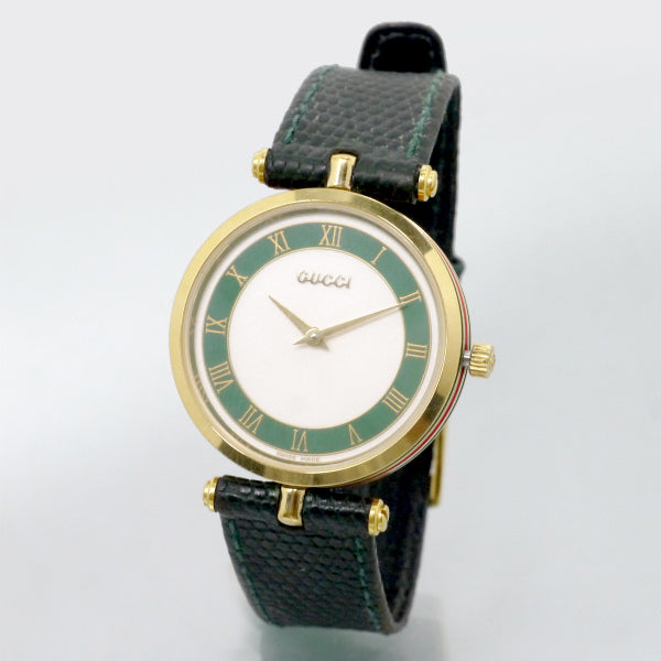 OLD Gucci　サイドシェリービッグ腕時計（リザード/緑）