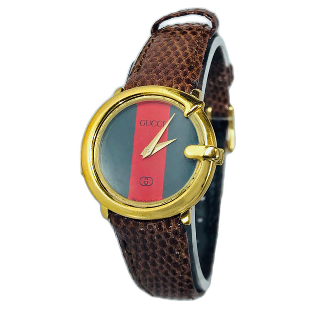 OLD Gucci 　丸型Gベゼルシェリー腕時計（濃茶/リザード）