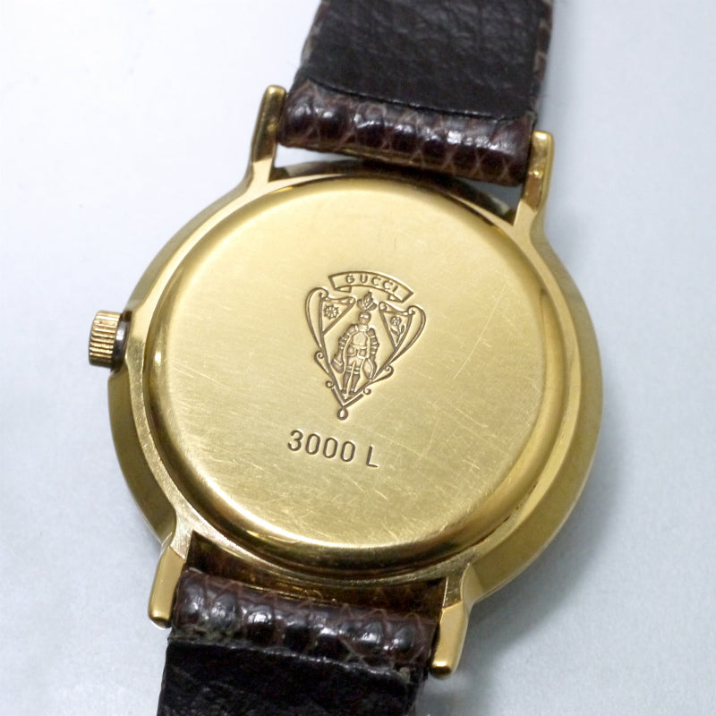 OLD Gucci ギリシャ数字ブラックフェイス腕時計（リザード・茶）