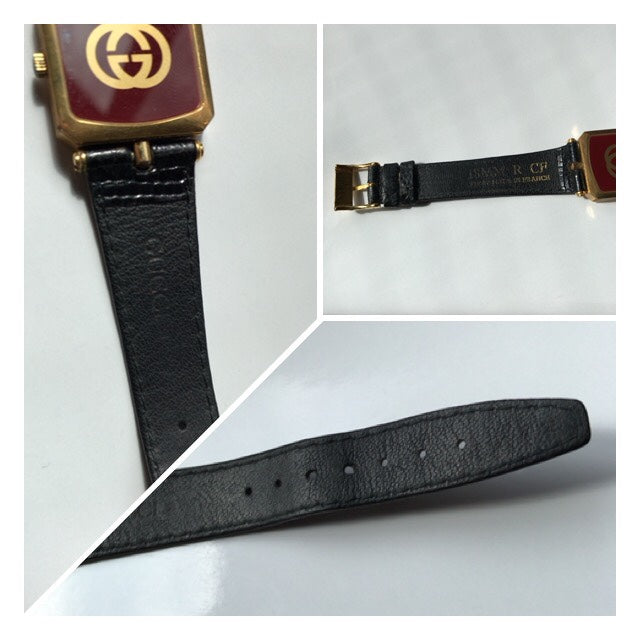 OLD Gucci サイドシェリー スクエア腕時計（リザード黒バンド）
