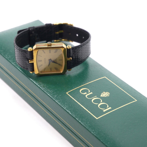 OLD Gucci サイドシェリー スクエア腕時計（リザード黒バンド）