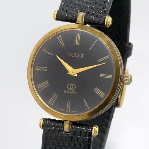 OLD Gucci 黒文字盤サイドラインビッグ腕時計（黒/リザード）