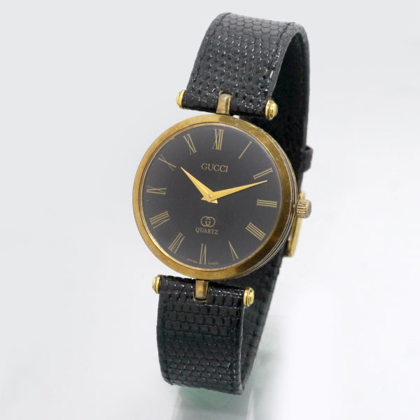 OLD Gucci 黒文字盤サイドラインビッグ腕時計（黒/リザード）