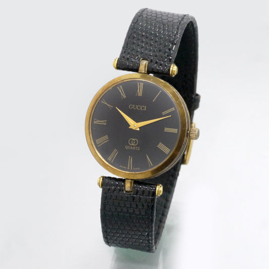 OLD Gucci 黒文字盤サイドラインビッグ腕時計（黒/リザード）