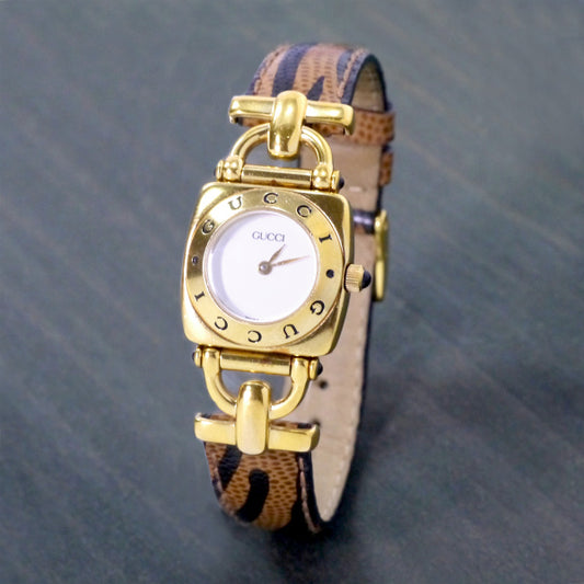 OLD Gucci 虎柄!!ホースビット腕時計（リザード/茶）