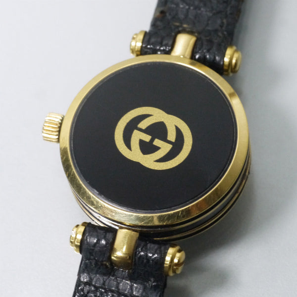 OLD Gucci 黒文字盤サイドライン ミニ腕時計（黒/リザード）