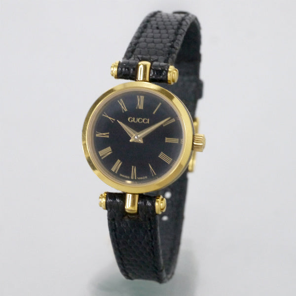 OLD Gucci 黒文字盤サイドライン ミニ腕時計（黒/リザード）