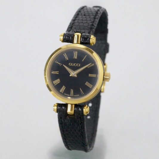 OLD Gucci 黒文字盤サイドライン ミニ腕時計（黒/リザード）