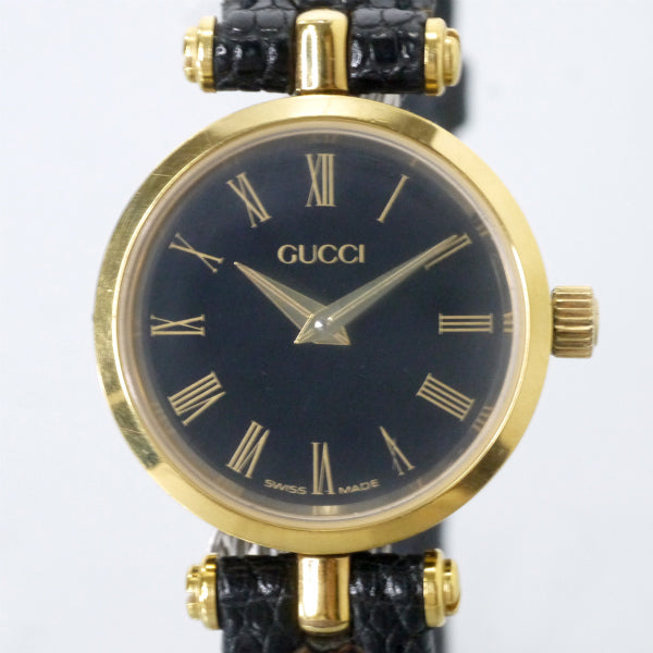 OLD Gucci 黒文字盤サイドライン ミニ腕時計（黒/リザード）