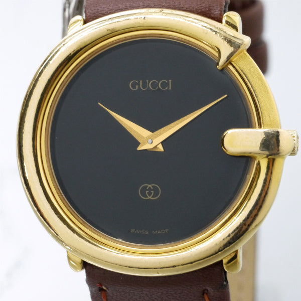 OLD Gucci 　丸型Gベゼル ブラックフェイス腕時計（茶）